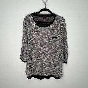 MOJO Women's Top XL 3/4 Sleeve Knit Shirt with Sheer Back White Black XL
